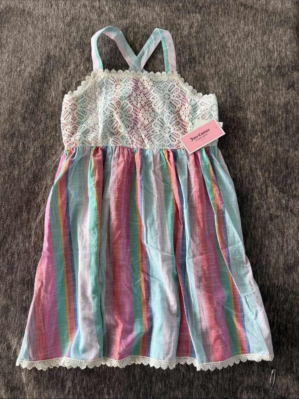 Juicy Couture Girls' Pastel Rainbow Stripe Sundress with Lace Bodice